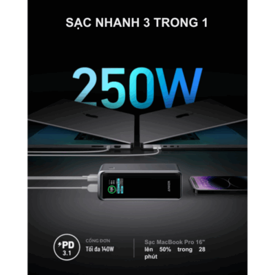 Pin Dự Phòng Anker A1340 – Pin Dự Phòng Anker Prime 27650mah 250W, điều khiển qua app, PD 140W, dành cho laptop, điện thoại A1340 - <strong>Pin Sạc Dự Phòng Anker Prime A1340</strong> dung lượng 27.650mAh, công suất 250W, hỗ trợ sạc nhanh PD 3.1 140W cho laptop, MacBook, iPhone, Samsung. Tích hợp 2 cổng USB-C, 1 cổng USB-A và app điều khiển thông minh. <strong>A1340</strong> thiết kế nhỏ gọn, màn hình hiển thị, lý tưởng cho du lịch.