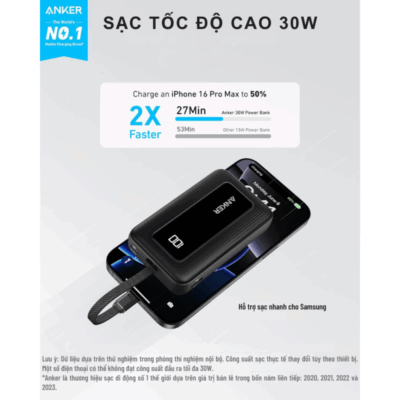 Pin Sạc Dự Phòng Anker A1688 - Anker Zolo 10.000mAh 30W A1688 Tích Hợp Cáp USB-C - <strong>Pin Sạc Dự Phòng Anker Zolo A1688</strong> dung lượng 10.000mAh, sạc nhanh 30W qua cáp USB-C tích hợp, cổng USB-C và USB-A. Sạc iPhone 15 đến 57% trong 30 phút. <strong>A1688</strong> nhỏ gọn, bền bỉ, màn hình LED hiển thị dung lượng, lý tưởng cho di chuyển.