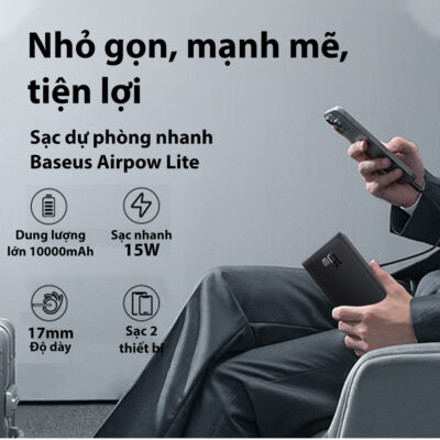 Sạc Dự Phòng Baseus Airpow Lite Power Bank 10000mAh 15W - Luôn kết nối và tràn đầy năng lượng với sạc dự phòng <strong>Baseus Airpow Lite Power Bank 10000mAh 15W</strong>. Với thiết kế siêu nhỏ gọn và trọng lượng nhẹ, sản phẩm dễ dàng nằm gọn trong túi xách hay balo của bạn. Dung lượng 10000mAh cung cấp đủ năng lượng cho 2-3 lần sạc đầy một chiếc smartphone thông thường, là cứu cánh hoàn hảo cho những ngày dài bận rộn. Công suất 15W đảm bảo dòng sạc ổn định và an toàn cho mọi thiết bị. Pin dự phòng được trang bị 2 cổng ra (USB-A & USB-C), cho phép bạn sạc cùng lúc 2 thiết bị tiện lợi. Tích hợp chip thông minh bảo vệ đa tầng, <strong>Baseus Airpow Lite Power Bank 10000mAh 15W</strong> là người bạn đồng hành đáng tin cậy cho mọi hành trình.