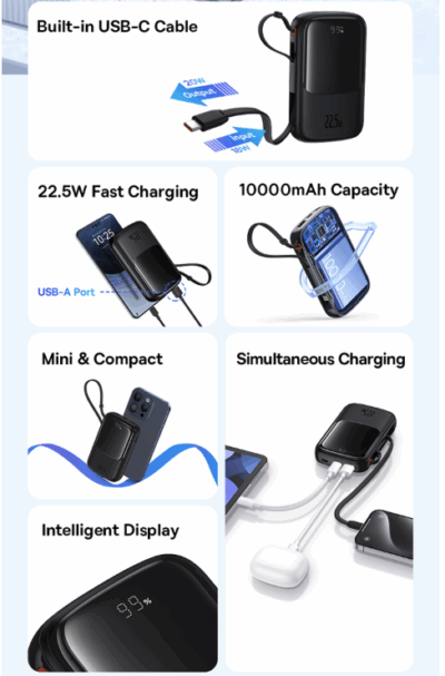 Sạc dự phòng hiệu Baseus Qpow Pro+ Digital Display Fast Charge 10000mAh 22.5W Type-C Edition - Hãy quên đi mớ dây cáp rối rắm! Sạc dự phòng <strong>Baseus Qpow Pro</strong>+ chính là giải pháp năng lượng "tất cả trong một" mà bạn cần. Với sợi cáp Type-C được tích hợp sẵn một cách thông minh, bạn sẽ không bao giờ phải lo lắng về việc quên mang theo cáp sạc. Dung lượng 10000mAh nhỏ gọn cùng công suất sạc nhanh 22.5W mạnh mẽ giúp nạp đầy năng lượng cho các thiết bị của bạn trong chớp mắt. Màn hình LED kỹ thuật số hiển thị chính xác dung lượng pin còn lại, giúp bạn luôn chủ động trong mọi tình huống. Nhỏ gọn, mạnh mẽ và siêu tiện lợi, <strong>Baseus Qpow Pro</strong>+ là người bạn đồng hành không thể thiếu cho cuộc sống năng động.