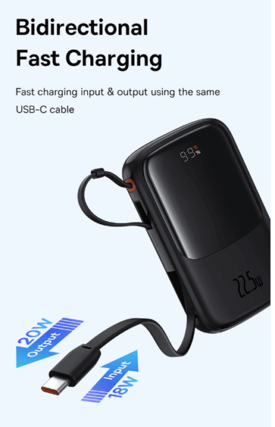 Sạc dự phòng hiệu Baseus Qpow Pro+ Digital Display Fast Charge 10000mAh 22.5W Type-C Edition - Hãy quên đi mớ dây cáp rối rắm! Sạc dự phòng <strong>Baseus Qpow Pro</strong>+ chính là giải pháp năng lượng "tất cả trong một" mà bạn cần. Với sợi cáp Type-C được tích hợp sẵn một cách thông minh, bạn sẽ không bao giờ phải lo lắng về việc quên mang theo cáp sạc. Dung lượng 10000mAh nhỏ gọn cùng công suất sạc nhanh 22.5W mạnh mẽ giúp nạp đầy năng lượng cho các thiết bị của bạn trong chớp mắt. Màn hình LED kỹ thuật số hiển thị chính xác dung lượng pin còn lại, giúp bạn luôn chủ động trong mọi tình huống. Nhỏ gọn, mạnh mẽ và siêu tiện lợi, <strong>Baseus Qpow Pro</strong>+ là người bạn đồng hành không thể thiếu cho cuộc sống năng động.