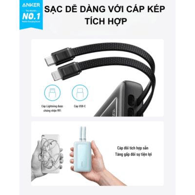 Pin Sạc Dự Phòng Anker A1681 - Anker Zolo 20.000mAh 30W A1681 Tích Hợp Cáp USB-C và Lightning - <strong>Pin Sạc Dự Phòng Anker Zolo A1681</strong> dung lượng 20.000mAh, sạc nhanh 30W qua cáp USB-C và 27W qua cáp Lightning MFi. Tích hợp cáp USB-C, Lightning, cổng USB-C, USB-A, sạc 4 thiết bị cùng lúc. <strong>A1681</strong> nhỏ gọn, lý tưởng cho iPhone 15/16, Samsung.