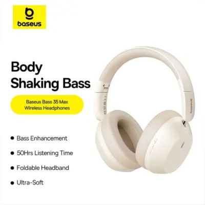 Tai nghe chụp tai Baseus Bass 35 Max - Đắm chìm trong thế giới âm bass mạnh mẽ với tai nghe chụp tai không dây <strong>Baseus Bass 35 Max</strong>. Được thiết kế dành cho các tín đồ âm nhạc, tai nghe mang đến chất âm bùng nổ với dải bass sâu lắng và uy lực nhờ màng loa dynamic 40mm. Tận hưởng âm nhạc không giới hạn với thời lượng pin cực khủng lên đến 50 giờ, đủ sức cho cả tuần sử dụng. Thiết kế siêu nhẹ cùng đệm tai protein êm ái đảm bảo sự thoải mái tối đa khi đeo trong thời gian dài. Kết nối ổn định qua Bluetooth 5.3 và chế độ độ trễ thấp, <strong>Baseus Bass 35 Max</strong> là sự lựa chọn hoàn hảo để nâng tầm trải nghiệm nghe nhạc, xem phim và chơi game của bạn.