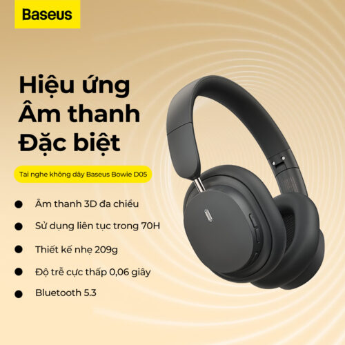 Tai Nghe Chụp Tai Không Dây Baseus Bowie D05 - Chống Ồn, Âm Thanh Hi-Fi, Pin 70 Giờ, Độ Trễ Thấp Chơi Game - Hình ảnh 5