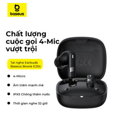 Tai nghe không dây hiệu Baseus Bowie E20s - Khám phá sự giao thoa hoàn hảo giữa công nghệ và nghệ thuật với tai nghe không dây <strong>Baseus Bowie E20s</strong>. Gây ấn tượng mạnh mẽ với thiết kế "vòng quỹ đạo" độc đáo trên hộp sạc, đây không chỉ là một thiết bị âm thanh mà còn là một phụ kiện thời trang đầy cá tính. Tận hưởng kết nối siêu ổn định và độ trễ cực thấp chỉ 0.06s nhờ công nghệ Bluetooth 5.3 mới nhất, lý tưởng cho cả chơi game và xem phim. Thời lượng pin bền bỉ lên đến 32 giờ cùng hộp sạc và công nghệ sạc nhanh 10 phút cho 2 giờ sử dụng, đảm bảo âm nhạc luôn bên bạn. Nâng tầm phong cách và trải nghiệm âm thanh của bạn với <strong>Baseus Bowie E20s</strong>.