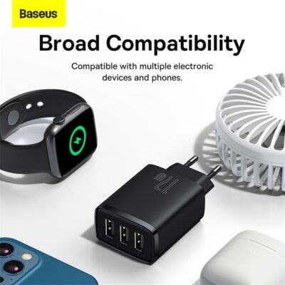 Củ sạc hiệu Baseus Compact 3U 17W EU - Giải phóng không gian ổ cắm của bạn với củ sạc <strong>Baseus Compact 3U 17W EU</strong>. Với thiết kế siêu nhỏ gọn và 3 cổng USB tiện lợi, đây là giải pháp sạc "tất cả trong một" cho mọi nhu cầu hàng ngày của bạn. Tổng công suất 17W được phân bổ thông minh, với mỗi cổng có thể cung cấp dòng sạc lên đến 2.4A, giúp nạp năng lượng nhanh chóng và hiệu quả cho điện thoại, máy tính bảng, tai nghe và nhiều thiết bị khác. Chip xử lý thông minh tích hợp đảm bảo sạc an toàn, bảo vệ thiết bị của bạn khỏi các nguy cơ quá dòng, quá nhiệt. <strong>Baseus Compact 3U 17W EU</strong> là sự lựa chọn hoàn hảo cho gia đình, du lịch và một góc làm việc gọn gàng, hiệu quả.