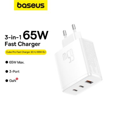 Sạc nhanh hiệu Baseus Cube Pro 2C+U 65W EU - Giải phóng sức mạnh sạc tối thượng với củ sạc <strong>Baseus Cube Pro 2C+U 65W EU</strong>. Được trang bị công nghệ GaN tiên tiến, sản phẩm mang lại công suất 65W mạnh mẽ trong một thân hình siêu nhỏ gọn, có khả năng sạc nhanh cho cả laptop (MacBook, Dell, HP) và 2 thiết bị khác cùng lúc. Với 2 cổng USB-C và 1 cổng USB-A, đây là giải pháp "tất cả trong một" thay thế toàn bộ những củ sạc cồng kềnh khác của bạn. Công nghệ phân phối dòng điện thông minh BPS II và các tính năng bảo vệ toàn diện đảm bảo sạc nhanh, an toàn và hiệu quả. Hãy đơn giản hóa cuộc sống của bạn với <strong>Baseus Cube Pro 2C+U 65W EU</strong>.