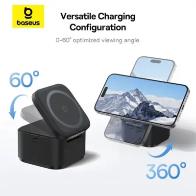 Baseus MagPro 2-in-1 Magnetic Wireless Charger 25W Cosmic Black - Tối giản không gian sạc của bạn với đế sạc không dây từ tính <strong>Baseus MagPro 2-in-1</strong>. Giải pháp hoàn hảo cho hệ sinh thái Apple, cho phép bạn sạc đồng thời iPhone (tương thích MagSafe) và AirPods (hoặc điện thoại phụ hỗ trợ sạc không dây) một cách nhanh chóng và tiện lợi. Với tổng công suất lên đến 25W, lực hít từ tính cực mạnh và thiết kế gập gọn 60° linh hoạt, sản phẩm không chỉ là một thiết bị sạc mà còn là một giá đỡ điện thoại thanh lịch. Màu Đen Vũ Trụ (Cosmic Black) tinh tế cùng các tính năng an toàn đa tầng biến <strong>Baseus MagPro 2-in-1</strong> trở thành phụ kiện không thể thiếu trên bàn làm việc hoặc tủ đầu giường của bạn.