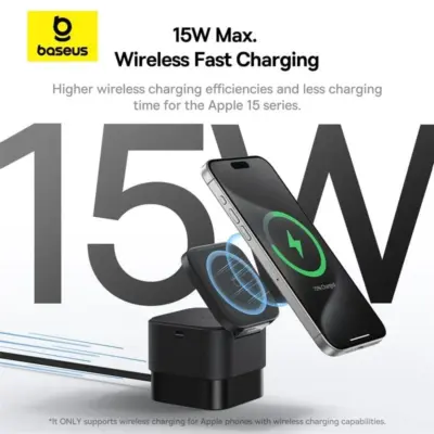 Baseus MagPro 2-in-1 Magnetic Wireless Charger 25W Cosmic Black - Tối giản không gian sạc của bạn với đế sạc không dây từ tính <strong>Baseus MagPro 2-in-1</strong>. Giải pháp hoàn hảo cho hệ sinh thái Apple, cho phép bạn sạc đồng thời iPhone (tương thích MagSafe) và AirPods (hoặc điện thoại phụ hỗ trợ sạc không dây) một cách nhanh chóng và tiện lợi. Với tổng công suất lên đến 25W, lực hít từ tính cực mạnh và thiết kế gập gọn 60° linh hoạt, sản phẩm không chỉ là một thiết bị sạc mà còn là một giá đỡ điện thoại thanh lịch. Màu Đen Vũ Trụ (Cosmic Black) tinh tế cùng các tính năng an toàn đa tầng biến <strong>Baseus MagPro 2-in-1</strong> trở thành phụ kiện không thể thiếu trên bàn làm việc hoặc tủ đầu giường của bạn.