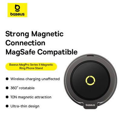 Giá đỡ điện thoại hiệu Baseus MagPro Series II Magnetic Ring - Dành riêng cho hệ sinh thái MagSafe của iPhone (12 trở lên), <strong>Baseus MagPro Series II Magnetic Ring</strong> định nghĩa lại sự tiện lợi. Với lực hút từ tính cực mạnh, bạn có thể dễ dàng gắn giá đỡ vào điện thoại mà không cần keo dán, và tháo ra bất cứ lúc nào để sạc không dây. Thiết kế siêu mỏng từ hợp kim cao cấp, sản phẩm vừa là vòng nhẫn cầm tay chắc chắn, vừa là chân đế rảnh tay xoay 360° linh hoạt. Trục xoay thế hệ thứ hai bền bỉ hơn, mang lại trải nghiệm mượt mà và đẳng cấp. Hãy giải phóng chiếc iPhone của bạn khỏi những phụ kiện dán cố định và tận hưởng sự tự do tối đa với <strong>Baseus MagPro Series II Magnetic Ring</strong>.