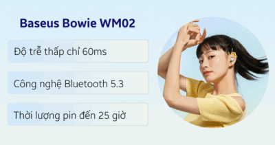 Tai nghe không dây hiệu Baseus Bowie WM02 - Khám phá thế giới âm nhạc đầy màu sắc với tai nghe <strong>Baseus Bowie WM02</strong>, một kiệt tác của sự nhỏ gọn và phong cách. Với thiết kế hình "viên nang" độc đáo và trọng lượng siêu nhẹ, tai nghe mang lại cảm giác đeo thoải mái suốt cả ngày dài. Tận hưởng chất âm trong trẻo, cân bằng và kết nối Bluetooth 5.3 ổn định, liền mạch. Điểm nhấn đặc biệt là công nghệ sạc nhanh Baseus, chỉ cần sạc 10 phút là có ngay 2 giờ nghe nhạc. Với tổng thời lượng pin lên đến 25 giờ và nhiều phiên bản màu sắc cá tính, <strong>Baseus Bowie WM02</strong> là người bạn đồng hành không thể thiếu cho lối sống năng động và hiện đại của bạn.