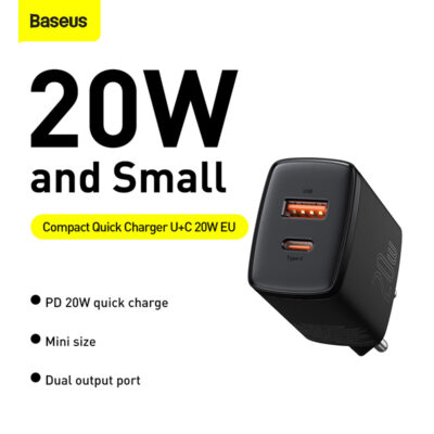 Sạc nhanh hiệu Baseus Compact U+C 20W EU - Bạn có mệt mỏi với việc mang theo nhiều củ sạc cho các thiết bị khác nhau? <strong>Baseus Compact U+C 20W EU</strong> chính là giải pháp năng lượng tối giản và hiệu quả. Với kích thước siêu nhỏ gọn chỉ nằm trong lòng bàn tay, củ sạc này cung cấp 2 cổng sạc tiện lợi: USB-C (PD 20W) cho iPhone và USB-A (QC 18W) cho các thiết bị Android. Sạc đầy 60% pin cho iPhone chỉ trong 30 phút. Khả năng sạc đồng thời 2 thiết bị giúp bạn tiết kiệm thời gian và không gian ổ cắm. An toàn, mạnh mẽ và siêu di động, <strong>Baseus Compact U+C 20W EU</strong> là người bạn đồng hành không thể thiếu cho cuộc sống số của bạn.