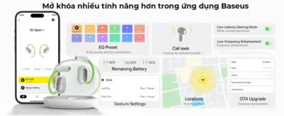Tai Nghe Bluetooth Baseus Eli Sport 1 Open-Ear TWS Earbuds - Trải nghiệm âm nhạc mà không tách biệt với thế giới xung quanh cùng tai nghe thể thao <strong>Baseus Eli Sport 1 Open-Ear</strong>. Với thiết kế mở (Open-Ear) đột phá, tai nghe truyền âm thanh qua không khí mà không cần nhét vào trong tai, giúp bạn vừa thưởng thức âm nhạc vừa nhận biết được môi trường xung quanh, đảm bảo an toàn tối đa khi chạy bộ hay đạp xe. Móc tai silicon mềm mại, bám chắc vành tai, chống rơi rớt trong mọi hoạt động cường độ cao. Màng loa lớn 16.2mm cùng thuật toán tăng cường âm bass mang lại chất âm sống động, mạnh mẽ. Chuẩn chống nước IPX4 và tổng thời lượng pin 30 giờ biến <strong>Baseus Eli Sport 1 Open-Ear</strong> trở thành người bạn đồng hành lý tưởng cho mọi buổi tập.