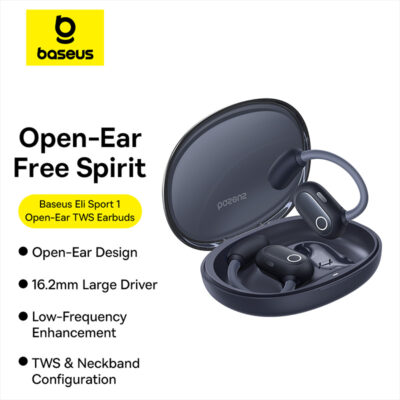 Tai Nghe Bluetooth Baseus Eli Sport 1 Open-Ear TWS Earbuds - Trải nghiệm âm nhạc mà không tách biệt với thế giới xung quanh cùng tai nghe thể thao <strong>Baseus Eli Sport 1 Open-Ear</strong>. Với thiết kế mở (Open-Ear) đột phá, tai nghe truyền âm thanh qua không khí mà không cần nhét vào trong tai, giúp bạn vừa thưởng thức âm nhạc vừa nhận biết được môi trường xung quanh, đảm bảo an toàn tối đa khi chạy bộ hay đạp xe. Móc tai silicon mềm mại, bám chắc vành tai, chống rơi rớt trong mọi hoạt động cường độ cao. Màng loa lớn 16.2mm cùng thuật toán tăng cường âm bass mang lại chất âm sống động, mạnh mẽ. Chuẩn chống nước IPX4 và tổng thời lượng pin 30 giờ biến <strong>Baseus Eli Sport 1 Open-Ear</strong> trở thành người bạn đồng hành lý tưởng cho mọi buổi tập.