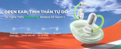 Tai Nghe Bluetooth Baseus Eli Sport 1 Open-Ear TWS Earbuds - Trải nghiệm âm nhạc mà không tách biệt với thế giới xung quanh cùng tai nghe thể thao <strong>Baseus Eli Sport 1 Open-Ear</strong>. Với thiết kế mở (Open-Ear) đột phá, tai nghe truyền âm thanh qua không khí mà không cần nhét vào trong tai, giúp bạn vừa thưởng thức âm nhạc vừa nhận biết được môi trường xung quanh, đảm bảo an toàn tối đa khi chạy bộ hay đạp xe. Móc tai silicon mềm mại, bám chắc vành tai, chống rơi rớt trong mọi hoạt động cường độ cao. Màng loa lớn 16.2mm cùng thuật toán tăng cường âm bass mang lại chất âm sống động, mạnh mẽ. Chuẩn chống nước IPX4 và tổng thời lượng pin 30 giờ biến <strong>Baseus Eli Sport 1 Open-Ear</strong> trở thành người bạn đồng hành lý tưởng cho mọi buổi tập.
