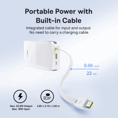 Sạc dự phòng hiệu Baseus EnerFill FC51 Bipow2 Pro Digital Display with Built-in Cable 20000mAh 22.5W - Nói lời tạm biệt với những sợi cáp sạc rối rắm và nỗi lo quên mang theo cáp! Sạc dự phòng <strong>Baseus EnerFill FC51 Bipow2 Pro Digital Display</strong> là giải pháp năng lượng "tất cả trong một" mà bạn đang tìm kiếm. Với dung lượng khủng 20000mAh và công suất sạc nhanh 22.5W, sản phẩm đảm bảo cung cấp năng lượng cho nhiều thiết bị trong nhiều ngày. Điểm nhấn đặc biệt là sợi cáp Type-C tích hợp sẵn tiện lợi và màn hình LED kỹ thuật số hiển thị chính xác từng % pin. Thiết kế nhỏ gọn, hiện đại cùng nhiều cổng sạc, <strong>Baseus EnerFill FC51 Bipow2 Pro Digital Display</strong> là người bạn đồng hành lý tưởng cho mọi chuyến đi, giúp bạn luôn kết nối.