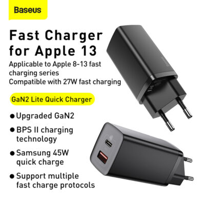 Sạc nhanh hiệu Baseus GaN2 Lite C+U 65W EU - Dọn dẹp bàn làm việc và đơn giản hóa cuộc sống của bạn với củ sạc <strong>Baseus GaN2 Lite C+U 65W EU</strong>. Đây là giải pháp năng lượng "tất cả trong một", tích hợp công nghệ GaN2 Lite tiên tiến, mang đến công suất 65W mạnh mẽ trong một thiết kế nhỏ gọn đáng kinh ngạc. Với 1 cổng USB-C và 1 cổng USB-A, sản phẩm có thể sạc nhanh đồng thời cho cả laptop như MacBook Air, điện thoại iPhone và các thiết bị Android. Công nghệ BPS II tự động phân phối dòng điện thông minh, đảm bảo sạc nhanh và an toàn. Hãy đầu tư vào sự gọn gàng và hiệu suất với <strong>Baseus GaN2 Lite C+U 65W EU</strong>.