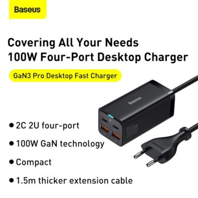 Sạc nhanh hiệu Baseus GaN3 Pro Desktop 2U+2C 100W EU - Dọn dẹp hoàn toàn bàn làm việc của bạn với trạm sạc đa năng <strong>Baseus GaN3 Pro Desktop 2U+2C 100W EU</strong>. Đây là giải pháp năng lượng "tất cả trong một" thay thế toàn bộ những củ sạc cồng kềnh. Với công nghệ GaN3 tiên tiến, trạm sạc mang lại công suất 100W mạnh mẽ, giúp bạn sạc nhanh đồng thời 4 thiết bị, bao gồm cả MacBook Pro, iPad và điện thoại. Thiết kế để bàn thông minh với dây nguồn dài giúp bạn đặt các cổng sạc ngay trong tầm tay, không cần phải cúi xuống tìm ổ cắm. Hãy đầu tư vào sự gọn gàng và hiệu suất đỉnh cao với <strong>Baseus GaN3 Pro Desktop 2U+2C 100W EU</strong>.
