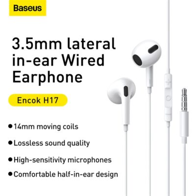 Tai nghe có dây hiệu Baseus Encok 3.5mm lateral in-ear H17 - Trải nghiệm sự thoải mái vượt trội với tai nghe <strong>Baseus Encok 3.5mm lateral in-ear H17</strong>. Thiết kế lateral in-ear với góc nghiêng 108° độc đáo giúp tai nghe nằm gọn trong vành tai một cách tự nhiên, không gây đau hay bí bách như các dòng in-ear truyền thống. Màng loa polymer 14mm kết hợp với khoang âm thanh độc lập mang đến chất âm cân bằng, bass mạnh mẽ và treble trong trẻo. Micro MEMS độ nhạy cao đảm bảo mọi cuộc gọi đều rõ ràng, liền lạc. Tích hợp bộ điều khiển 3 phím tiện lợi, dễ dàng thao tác nhạc và cuộc gọi. <strong>Baseus Encok 3.5mm lateral in-ear H17</strong> là lựa chọn hoàn hảo cho người dùng tìm kiếm sự thoải mái và chất lượng âm thanh ổn định hàng ngày.