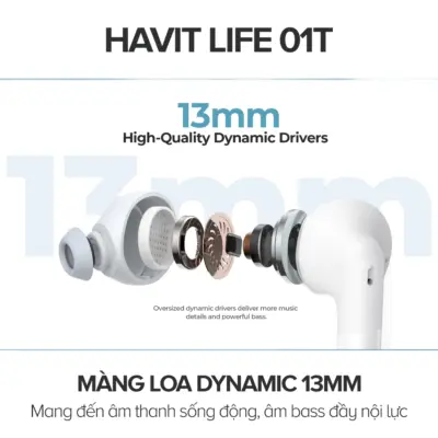 Tai Nghe True Wireless HAVIT LIFE 01T, Bluetooth 5, AI Khử Ồn, Nghe Đến 33H - Hàng Chính Hãng - Tận hưởng âm thanh tự do và những cuộc gọi trong trẻo với tai nghe True Wireless <strong>HAVIT LIFE 01T</strong>. Sản phẩm là sự kết hợp hoàn hảo giữa công nghệ và thời lượng pin, nổi bật với tính năng khử ồn cuộc gọi bằng thuật toán AI, giúp lọc bỏ tạp âm môi trường hiệu quả để giọng nói của bạn luôn rõ ràng. Đắm chìm trong âm nhạc cả ngày dài với thời lượng pin khủng lên đến 33 giờ khi dùng cùng hộp sạc. Kết nối Bluetooth 5.4 ổn định đảm bảo trải nghiệm không dây liền mạch. Với thiết kế ergonomic vừa vặn, điều khiển cảm ứng thông minh, <strong>HAVIT LIFE 01T</strong> là người bạn đồng hành lý tưởng cho công việc, học tập và giải trí mỗi ngày.