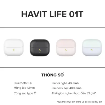 Tai Nghe True Wireless HAVIT LIFE 01T, Bluetooth 5, AI Khử Ồn, Nghe Đến 33H - Hàng Chính Hãng - Tận hưởng âm thanh tự do và những cuộc gọi trong trẻo với tai nghe True Wireless <strong>HAVIT LIFE 01T</strong>. Sản phẩm là sự kết hợp hoàn hảo giữa công nghệ và thời lượng pin, nổi bật với tính năng khử ồn cuộc gọi bằng thuật toán AI, giúp lọc bỏ tạp âm môi trường hiệu quả để giọng nói của bạn luôn rõ ràng. Đắm chìm trong âm nhạc cả ngày dài với thời lượng pin khủng lên đến 33 giờ khi dùng cùng hộp sạc. Kết nối Bluetooth 5.4 ổn định đảm bảo trải nghiệm không dây liền mạch. Với thiết kế ergonomic vừa vặn, điều khiển cảm ứng thông minh, <strong>HAVIT LIFE 01T</strong> là người bạn đồng hành lý tưởng cho công việc, học tập và giải trí mỗi ngày.