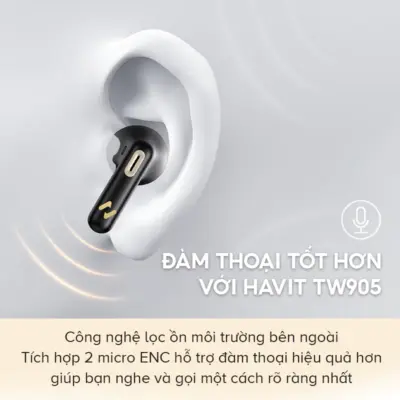 Tai Nghe True Wireless HAVIT TW905, Bluetooth 5.3, 2 Mic ENC, Nghe Nhạc Đến 27H - Trải nghiệm sự tự do không dây và giao tiếp trong trẻo với tai nghe True Wireless <strong>HAVIT TW905</strong>. Được trang bị công nghệ kết nối Bluetooth 5.3 thế hệ mới, sản phẩm đảm bảo tín hiệu ổn định và ghép nối tức thì. Nổi bật với hệ thống 2 micro ENC khử ồn môi trường, giúp giọng nói của bạn luôn to, rõ ràng trong mọi cuộc gọi. Tận hưởng chất âm cân bằng và thời lượng pin bền bỉ lên đến 27 giờ khi dùng cùng hộp sạc. Với thiết kế công thái học nhỏ gọn, mang lại cảm giác đeo thoải mái suốt cả ngày, <strong>HAVIT TW905</strong> là lựa chọn thông minh cho nhu cầu làm việc, học tập và giải trí hàng ngày.