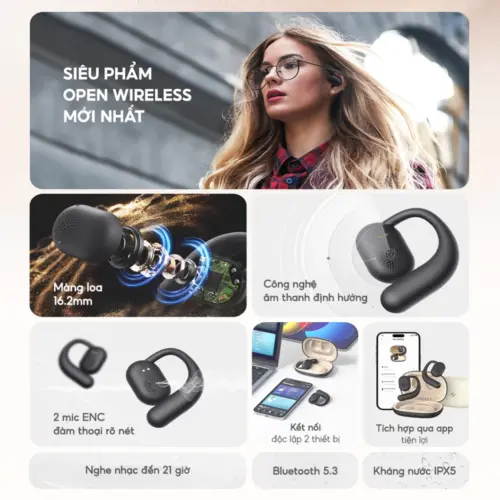 Tai Nghe Open Wireless OWS Fit 1, BT 5.3, Driver 16.2mm, Thiết Kế Open-ear, IPX5, Nghe Đến 21H - Hàng Chính Hãng - Hình ảnh 2