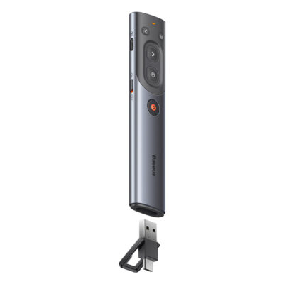 Bút trình chiếu hiệu Baseus Orange Dot AI Wireless Presenter (Red Laser)(Charging) - Nâng tầm đẳng cấp và sự chuyên nghiệp cho mọi bài thuyết trình của bạn với bút trình chiếu <strong>Baseus Orange Dot AI Wireless Presenter (Red Laser)</strong>. Sản phẩm từng đoạt giải thưởng thiết kế Red Dot danh giá, với kiểu dáng tối giản, sang trọng và nút bấm màu cam đặc trưng. Không chỉ là một chiếc bút lật trang thông thường, nó còn được trang bị các tính năng AI thông minh như mở siêu liên kết, điều khiển âm lượng. Tia laser đỏ sắc nét, khoảng cách điều khiển không dây lên đến 50m và pin sạc Type-C tiện lợi cho thời gian sử dụng đến 90 ngày. Đầu nhận USB được cất giữ bằng nam châm ngay trong thân bút, loại bỏ hoàn toàn nỗi lo thất lạc. Hãy làm chủ mọi sân khấu với <strong>Baseus Orange Dot AI Wireless Presenter (Red Laser)</strong>.