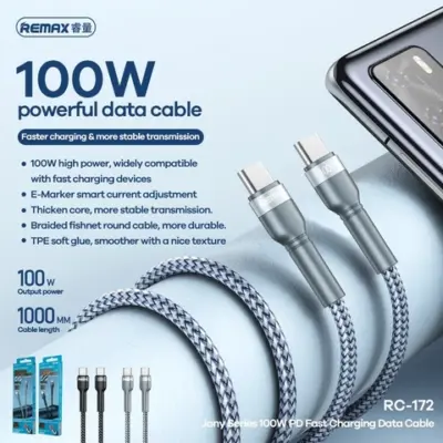 Dây sạc nhanh type C PD100W chính hãng Remax RC-172 dành cho điện thoại Samsung Huawei Xiaomi bện vải siêu bền - Khai phóng tốc độ sạc tối đa cho hệ sinh thái công nghệ của bạn với cáp sạc nhanh <strong>Remax RC-172</strong>. Sợi cáp Type-C to Type-C này hỗ trợ công suất Power Delivery (PD) khủng lên đến 100W, không chỉ kích hoạt chế độ sạc siêu nhanh cho Samsung, Huawei, Xiaomi mà còn đủ sức nạp năng lượng cho cả MacBook và laptop. Thân cáp được bọc vải dù bện mật độ cao siêu bền, chống rối và chống đứt gãy, đảm bảo tuổi thọ vượt trội. Tích hợp chip E-Marker thông minh để điều chỉnh dòng điện an toàn, <strong>Remax RC-172</strong> là giải pháp năng lượng toàn diện, mạnh mẽ và đáng tin cậy cho mọi thiết bị Type-C của bạn.