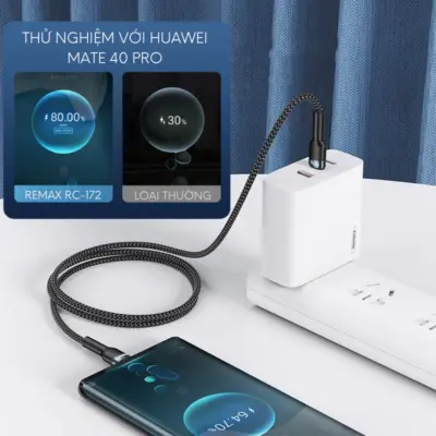 Dây sạc nhanh type C PD100W chính hãng Remax RC-172 dành cho điện thoại Samsung Huawei Xiaomi bện vải siêu bền - Khai phóng tốc độ sạc tối đa cho hệ sinh thái công nghệ của bạn với cáp sạc nhanh <strong>Remax RC-172</strong>. Sợi cáp Type-C to Type-C này hỗ trợ công suất Power Delivery (PD) khủng lên đến 100W, không chỉ kích hoạt chế độ sạc siêu nhanh cho Samsung, Huawei, Xiaomi mà còn đủ sức nạp năng lượng cho cả MacBook và laptop. Thân cáp được bọc vải dù bện mật độ cao siêu bền, chống rối và chống đứt gãy, đảm bảo tuổi thọ vượt trội. Tích hợp chip E-Marker thông minh để điều chỉnh dòng điện an toàn, <strong>Remax RC-172</strong> là giải pháp năng lượng toàn diện, mạnh mẽ và đáng tin cậy cho mọi thiết bị Type-C của bạn.