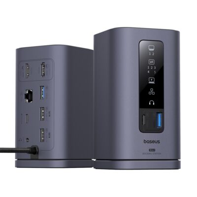 Thiết bị mở rộng hiệu Baseus Spacemate Series 10-in-1 (MAC) - Biến chiếc MacBook của bạn thành một trung tâm làm việc hiệu suất cao với <strong>Baseus Spacemate Series 10-in-1</strong>. Đây là giải pháp kết nối toàn diện, mở rộng một cổng Type-C thành 10 cổng chức năng mạnh mẽ: HDMI 4K@60Hz siêu mượt, các cổng USB 3.2 truyền dữ liệu 10Gbps siêu tốc, mạng LAN Gigabit, đầu đọc thẻ SD/TF, jack 3.5mm và sạc PD 100W. Với thiết kế đứng dọc độc đáo, sản phẩm giúp tiết kiệm không gian bàn làm việc và tản nhiệt hiệu quả. Vỏ nhôm cao cấp, sang trọng, <strong>Baseus Spacemate Series 10-in-1</strong> là trung tâm chỉ huy, giải phóng toàn bộ tiềm năng sáng tạo và hiệu suất làm việc của bạn.
