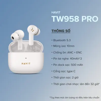 Tai Nghe True Wireless HAVIT TW958 Pro, Bluetooth 5.3, 2 Mic ENC+ ANC Nghe Đến 32H - Hàng Chính Hãng - Tận hưởng sự tĩnh lặng tuyệt đối và những cuộc gọi trong trẻo với tai nghe True Wireless <strong>HAVIT TW958 Pro</strong>. Đây là giải pháp âm thanh toàn diện, trang bị công nghệ chống ồn kép: ANC chủ động loại bỏ tạp âm môi trường khi nghe nhạc, và 2 mic ENC lọc ồn hiệu quả cho những cuộc gọi rõ ràng. Trải nghiệm kết nối không dây thế hệ mới với Bluetooth 5.3 ổn định, liền mạch. Đắm chìm trong âm nhạc cả ngày dài với tổng thời lượng pin lên đến 32 giờ. Với thiết kế công thái học vừa vặn và điều khiển cảm ứng thông minh, <strong>HAVIT TW958 Pro</strong> là người bạn đồng hành lý tưởng cho một cuộc sống năng động và không bị làm phiền.