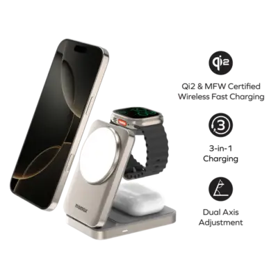Đế sạc không dây từ tính MOMAX UD36L 1-Charge Q.Port 3 trong 1 Qi2 15W có thể gập lại - Đơn giản hóa việc sạc pin cho các thiết bị Apple của bạn với <strong>Đế sạc không dây từ tính MOMAX UD36L</strong> 1-Charge Q.Port 3 trong 1. Hỗ trợ chuẩn Qi2 mới nhất, <strong>MOMAX UD36L</strong> cho phép sạc nhanh 15W từ tính cho iPhone (tương thích MagSafe/Qi2), cùng lúc sạc cho Apple Watch và tai nghe AirPods có hộp sạc không dây. Thiết kế có thể gập lại tiện lợi, lý tưởng để mang theo khi du lịch hoặc để gọn trên bàn làm việc. An toàn, hiệu quả và đa năng, <strong>Đế sạc không dây MOMAX UD36L</strong> là trung tâm sạc không dây hoàn hảo cho hệ sinh thái Apple của bạn.