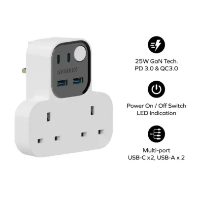 Dây nguồn mở rộng MOMAX US17UKW hình chữ T Charge Work Flow có 2 ổ cắm, 2 cổng USB-A và 2 cổng USB-C - Trải nghiệm giải pháp năng lượng độc đáo và mạnh mẽ cho không gian làm việc của bạn với <strong>Dây nguồn mở rộng MOMAX US17UKW</strong> Charge Flow. Thiết kế hình chữ T sáng tạo, tiết kiệm không gian, tích hợp 2 ổ cắm chuẩn UK cùng 4 cổng sạc USB (2x USB-A, 2x USB-C) công suất cao, cho phép bạn cấp nguồn và sạc đồng thời nhiều loại thiết bị, từ laptop đến điện thoại, máy tính bảng, tai nghe... <strong>MOMAX US17UKW</strong> không chỉ mang đến sự tiện lợi mà còn tích hợp các lớp bảo vệ an toàn hàng đầu. Sở hữu ngay <strong>Dây nguồn mở rộng MOMAX US17UKW</strong> để biến không gian làm việc của bạn trở nên hiệu quả và phong cách hơn.