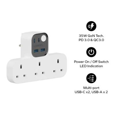 Dây nguồn mở rộng MOMAX UA11UK hình chữ T Charge Work Flow có 3 ổ cắm, 2 cổng USB-A và 2 cổng USB-C - Nâng cấp không gian làm việc và giải trí của bạn với <strong>Dây nguồn mở rộng MOMAX UA11UK</strong> 1-Charge Work Flow - phiên bản giới hạn. Thiết kế hình chữ T độc đáo, tiết kiệm không gian, tích hợp 3 ổ cắm chuẩn UK cùng 4 cổng sạc USB (2x USB-A, 2x USB-C) công suất mạnh mẽ, cho phép bạn cấp nguồn và sạc đồng thời nhiều thiết bị, từ laptop đến điện thoại, máy tính bảng. <strong>MOMAX UA11UK</strong> không chỉ tiện lợi mà còn tích hợp các lớp bảo vệ an toàn tiên tiến. Sở hữu ngay phiên bản giới hạn <strong>MOMAX UA11UK</strong> để trải nghiệm sự tiện ích, hiệu quả và phong cách.
