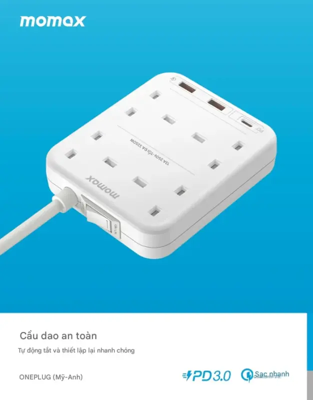 Ổ cắm điện 4 ổ cắm MOMAX US3UK OnePlug có cổng USB - Giải pháp tiện lợi cho không gian làm việc và sinh hoạt của bạn! <strong>Ổ cắm điện MOMAX US3UK</strong> OnePlug tích hợp 4 ổ cắm chuẩn UK và các cổng sạc USB hữu ích (có thể hỗ trợ sạc nhanh tùy phiên bản). Thiết kế nhỏ gọn, dễ dàng đặt trên bàn, sàn nhà hoặc mang theo khi cần. <strong>MOMAX US3UK</strong> cho phép bạn cấp nguồn cho các thiết bị điện và sạc đồng thời điện thoại, máy tính bảng. Tích hợp các tính năng bảo vệ an toàn tiên tiến, <strong>Ổ cắm điện MOMAX US3UK</strong> mang đến sự an tâm tuyệt đối. Đơn giản, hiệu quả và đáng tin cậy.