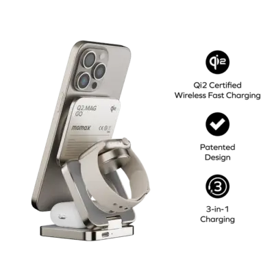 Đế sạc không dây từ tính MOMAX UD31 Qi2 15W 3 trong 1 có thể gập lại Q2.Mag - Đơn giản hóa việc sạc cho hệ sinh thái Apple của bạn với <strong>Đế sạc không dây từ tính MOMAX UD31 Qi2</strong> 3-trong-1 có thể gập lại. Hỗ trợ chuẩn Qi2 mới nhất, <strong>MOMAX UD31 Qi2</strong> cung cấp khả năng sạc nhanh 15W MagSafe cho iPhone (12 trở lên), cùng lúc sạc cho Apple Watch và tai nghe AirPods. Thiết kế 3-trong-1 gọn gàng thay thế nhiều bộ sạc riêng lẻ. Đặc biệt, <strong>MOMAX UD31 Qi2</strong> có thể gập lại siêu nhỏ gọn, lý tưởng để mang theo khi di chuyển. Chất liệu cao cấp, tính năng an toàn. <strong>Đế sạc MOMAX UD31 Qi2</strong> là giải pháp sạc không dây tối ưu, tiện lợi và hiệu quả cho người dùng Apple.