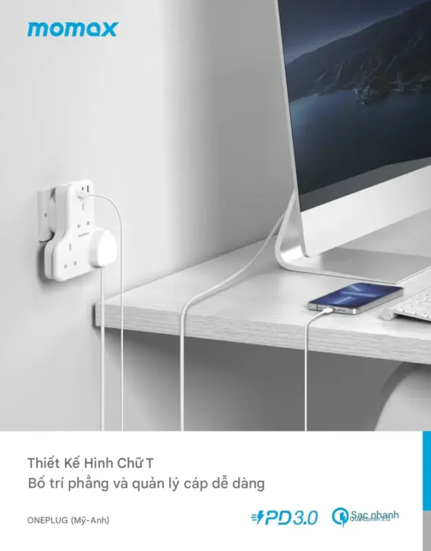 Ổ cắm mở rộng hình chữ T 3 ổ cắm MOMAX US6UK Oneplug có USB - Giải quyết vấn đề thiếu ổ cắm và sạc cho các thiết bị di động với <strong>Ổ cắm mở rộng MOMAX US6UK</strong> Oneplug. Thiết kế hình chữ T độc đáo, siêu nhỏ gọn, giúp bạn dễ dàng tăng số lượng ổ cắm ở những không gian hạn chế. <strong>MOMAX US6UK</strong> tích hợp 3 ổ cắm chuẩn UK và các cổng sạc USB tiện lợi (có thể hỗ trợ sạc nhanh tùy phiên bản), cho phép cấp nguồn cho nhiều thiết bị cùng lúc. An toàn, bền bỉ và cực kỳ tiện dụng để mang theo, <strong>Ổ cắm mở rộng MOMAX US6UK</strong> là phụ kiện không thể thiếu cho mọi gia đình, văn phòng hay khi đi du lịch đến các khu vực sử dụng ổ cắm UK.