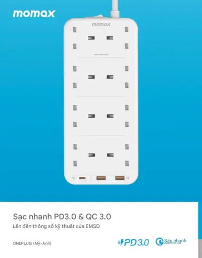Ổ cắm điện 4 ổ cắm MOMAX US5UK 8 ổ cắm Oneplug có cổng USB - Tối ưu hóa không gian và khả năng cấp nguồn cho mọi thiết bị của bạn với <strong>Ổ cắm điện MOMAX US5UK</strong> OnePlug. Thiết kế dạng tháp/hình khối độc đáo tích hợp nhiều ổ cắm chuẩn UK và các cổng sạc USB tiện lợi (hỗ trợ sạc nhanh tùy phiên bản), giải quyết triệt để vấn đề thiếu ổ cắm. <strong>MOMAX US5UK</strong> cho phép bạn cấp nguồn và sạc đồng thời hàng loạt thiết bị từ đồ gia dụng đến smartphone, tablet, một cách an toàn. Tích hợp các tính năng bảo vệ tiên tiến, <strong>MOMAX US5UK</strong> mang đến sự an tâm tuyệt đối. Giải pháp năng lượng trung tâm, hiệu quả cho gia đình và văn phòng.