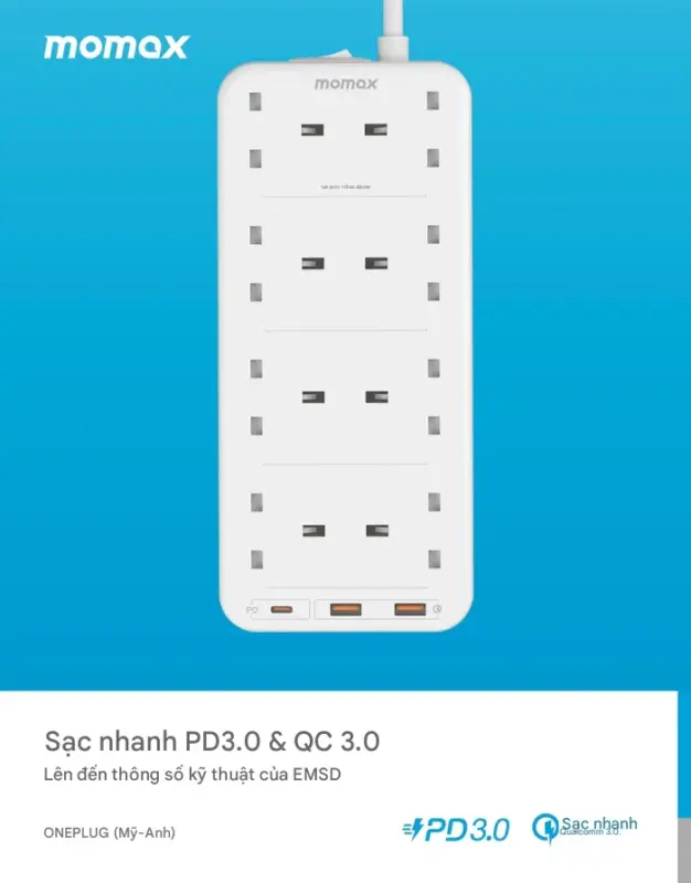 Ổ cắm điện 4 ổ cắm MOMAX US5UK 8 ổ cắm Oneplug có cổng USB - Tối ưu hóa không gian và khả năng cấp nguồn cho mọi thiết bị của bạn với <strong>Ổ cắm điện MOMAX US5UK</strong> OnePlug. Thiết kế dạng tháp/hình khối độc đáo tích hợp nhiều ổ cắm chuẩn UK và các cổng sạc USB tiện lợi (hỗ trợ sạc nhanh tùy phiên bản), giải quyết triệt để vấn đề thiếu ổ cắm. <strong>MOMAX US5UK</strong> cho phép bạn cấp nguồn và sạc đồng thời hàng loạt thiết bị từ đồ gia dụng đến smartphone, tablet, một cách an toàn. Tích hợp các tính năng bảo vệ tiên tiến, <strong>MOMAX US5UK</strong> mang đến sự an tâm tuyệt đối. Giải pháp năng lượng trung tâm, hiệu quả cho gia đình và văn phòng.