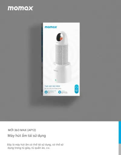 Bộ máy hút ẩm tái sử dụng MOMAX AP12 Fresh 360 Max - Bảo vệ không gian của bạn khỏi ẩm mốc và mùi hôi khó chịu với <strong>Bộ máy hút ẩm tái sử dụng MOMAX AP12</strong> Fresh 360 Max. Sử dụng các hạt hút ẩm tiên tiến, <strong>MOMAX AP12</strong> hấp thụ độ ẩm dư thừa hiệu quả trong tủ quần áo, tủ giày, ngăn kéo, tủ sách, hộp lưu trữ... Đặc biệt, sản phẩm có thể tái sử dụng nhiều lần chỉ bằng cách sấy khô hạt hút ẩm (thường đi kèm bộ sạc/đế sấy), tiết kiệm chi phí và thân thiện môi trường. Thiết kế nhỏ gọn, không dây, <strong>MOMAX AP12</strong> có thể đặt ở mọi nơi. Với <strong>Bộ máy hút ẩm MOMAX AP12</strong>, không gian của bạn sẽ luôn khô ráo, thoáng đãng và sạch mùi.