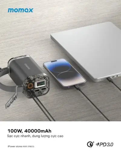 Trạm điện ngoài trời MOMAX PB03 iPower Stone Mini 40000mAh - Đừng bao giờ lo lắng về việc hết pin khi phiêu lưu ngoài trời hay mất điện đột ngột với <strong>Trạm điện ngoài trời MOMAX PB03</strong> iPower Stone Mini. Với dung lượng "khủng" 40000mAh, <strong>MOMAX PB03</strong> cung cấp năng lượng dồi dào cho laptop, smartphone, máy tính bảng, máy ảnh, đèn cắm trại và nhiều thiết bị khác. Tích hợp nhiều loại cổng sạc (USB-C PD, USB-A QC) cho khả năng sạc nhanh đa thiết bị. Thiết kế nhỏ gọn, bền bỉ, dễ dàng mang theo. <strong>Trạm điện MOMAX PB03</strong> là người bạn đồng hành lý tưởng cho cắm trại, dã ngoại, du lịch, hoặc làm nguồn dự phòng khẩn cấp. An tâm tận hưởng mọi khoảnh khắc với nguồn năng lượng không giới hạn từ <strong>MOMAX PB03</strong>.