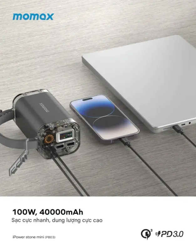 Trạm điện ngoài trời MOMAX PB03 iPower Stone Mini 40000mAh - Đừng bao giờ lo lắng về việc hết pin khi phiêu lưu ngoài trời hay mất điện đột ngột với <strong>Trạm điện ngoài trời MOMAX PB03</strong> iPower Stone Mini. Với dung lượng "khủng" 40000mAh, <strong>MOMAX PB03</strong> cung cấp năng lượng dồi dào cho laptop, smartphone, máy tính bảng, máy ảnh, đèn cắm trại và nhiều thiết bị khác. Tích hợp nhiều loại cổng sạc (USB-C PD, USB-A QC) cho khả năng sạc nhanh đa thiết bị. Thiết kế nhỏ gọn, bền bỉ, dễ dàng mang theo. <strong>Trạm điện MOMAX PB03</strong> là người bạn đồng hành lý tưởng cho cắm trại, dã ngoại, du lịch, hoặc làm nguồn dự phòng khẩn cấp. An tâm tận hưởng mọi khoảnh khắc với nguồn năng lượng không giới hạn từ <strong>MOMAX PB03</strong>.