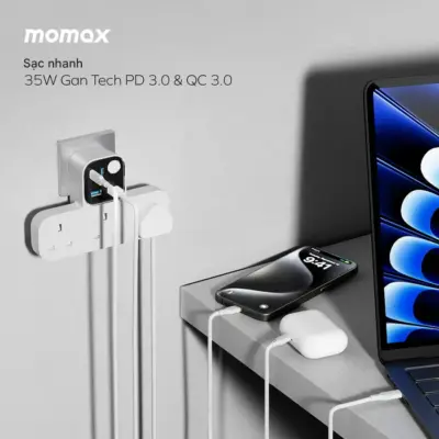 Dây nguồn mở rộng MOMAX UA11UK hình chữ T Charge Work Flow có 3 ổ cắm, 2 cổng USB-A và 2 cổng USB-C - Nâng cấp không gian làm việc và giải trí của bạn với <strong>Dây nguồn mở rộng MOMAX UA11UK</strong> 1-Charge Work Flow - phiên bản giới hạn. Thiết kế hình chữ T độc đáo, tiết kiệm không gian, tích hợp 3 ổ cắm chuẩn UK cùng 4 cổng sạc USB (2x USB-A, 2x USB-C) công suất mạnh mẽ, cho phép bạn cấp nguồn và sạc đồng thời nhiều thiết bị, từ laptop đến điện thoại, máy tính bảng. <strong>MOMAX UA11UK</strong> không chỉ tiện lợi mà còn tích hợp các lớp bảo vệ an toàn tiên tiến. Sở hữu ngay phiên bản giới hạn <strong>MOMAX UA11UK</strong> để trải nghiệm sự tiện ích, hiệu quả và phong cách.