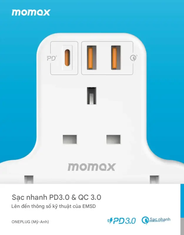 Ổ cắm mở rộng hình chữ T 3 ổ cắm MOMAX US6UK Oneplug có USB - Giải quyết vấn đề thiếu ổ cắm và sạc cho các thiết bị di động với <strong>Ổ cắm mở rộng MOMAX US6UK</strong> Oneplug. Thiết kế hình chữ T độc đáo, siêu nhỏ gọn, giúp bạn dễ dàng tăng số lượng ổ cắm ở những không gian hạn chế. <strong>MOMAX US6UK</strong> tích hợp 3 ổ cắm chuẩn UK và các cổng sạc USB tiện lợi (có thể hỗ trợ sạc nhanh tùy phiên bản), cho phép cấp nguồn cho nhiều thiết bị cùng lúc. An toàn, bền bỉ và cực kỳ tiện dụng để mang theo, <strong>Ổ cắm mở rộng MOMAX US6UK</strong> là phụ kiện không thể thiếu cho mọi gia đình, văn phòng hay khi đi du lịch đến các khu vực sử dụng ổ cắm UK.
