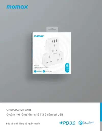 Ổ cắm mở rộng hình chữ T 3 ổ cắm MOMAX US6UK Oneplug có USB - Giải quyết vấn đề thiếu ổ cắm và sạc cho các thiết bị di động với <strong>Ổ cắm mở rộng MOMAX US6UK</strong> Oneplug. Thiết kế hình chữ T độc đáo, siêu nhỏ gọn, giúp bạn dễ dàng tăng số lượng ổ cắm ở những không gian hạn chế. <strong>MOMAX US6UK</strong> tích hợp 3 ổ cắm chuẩn UK và các cổng sạc USB tiện lợi (có thể hỗ trợ sạc nhanh tùy phiên bản), cho phép cấp nguồn cho nhiều thiết bị cùng lúc. An toàn, bền bỉ và cực kỳ tiện dụng để mang theo, <strong>Ổ cắm mở rộng MOMAX US6UK</strong> là phụ kiện không thể thiếu cho mọi gia đình, văn phòng hay khi đi du lịch đến các khu vực sử dụng ổ cắm UK.