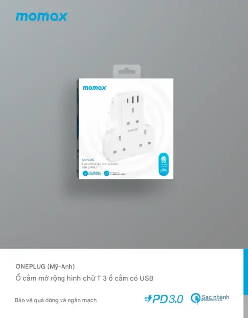 Ổ cắm mở rộng hình chữ T 3 ổ cắm MOMAX US6UK Oneplug có USB - Hình ảnh 7