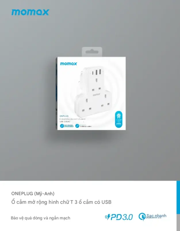 Ổ cắm mở rộng hình chữ T 3 ổ cắm MOMAX US6UK Oneplug có USB - Giải quyết vấn đề thiếu ổ cắm và sạc cho các thiết bị di động với <strong>Ổ cắm mở rộng MOMAX US6UK</strong> Oneplug. Thiết kế hình chữ T độc đáo, siêu nhỏ gọn, giúp bạn dễ dàng tăng số lượng ổ cắm ở những không gian hạn chế. <strong>MOMAX US6UK</strong> tích hợp 3 ổ cắm chuẩn UK và các cổng sạc USB tiện lợi (có thể hỗ trợ sạc nhanh tùy phiên bản), cho phép cấp nguồn cho nhiều thiết bị cùng lúc. An toàn, bền bỉ và cực kỳ tiện dụng để mang theo, <strong>Ổ cắm mở rộng MOMAX US6UK</strong> là phụ kiện không thể thiếu cho mọi gia đình, văn phòng hay khi đi du lịch đến các khu vực sử dụng ổ cắm UK.