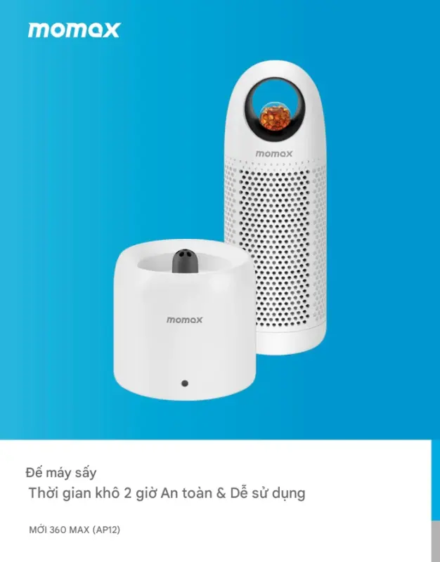 Bộ máy hút ẩm tái sử dụng MOMAX AP12 Fresh 360 Max - Bảo vệ không gian của bạn khỏi ẩm mốc và mùi hôi khó chịu với <strong>Bộ máy hút ẩm tái sử dụng MOMAX AP12</strong> Fresh 360 Max. Sử dụng các hạt hút ẩm tiên tiến, <strong>MOMAX AP12</strong> hấp thụ độ ẩm dư thừa hiệu quả trong tủ quần áo, tủ giày, ngăn kéo, tủ sách, hộp lưu trữ... Đặc biệt, sản phẩm có thể tái sử dụng nhiều lần chỉ bằng cách sấy khô hạt hút ẩm (thường đi kèm bộ sạc/đế sấy), tiết kiệm chi phí và thân thiện môi trường. Thiết kế nhỏ gọn, không dây, <strong>MOMAX AP12</strong> có thể đặt ở mọi nơi. Với <strong>Bộ máy hút ẩm MOMAX AP12</strong>, không gian của bạn sẽ luôn khô ráo, thoáng đãng và sạch mùi.