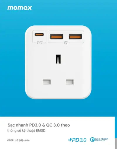 Ổ cắm mở rộng MOMAX US8UK OnePlug 3 Oulet 20W - Giải quyết vấn đề thiếu ổ cắm và sạc chậm với <strong>Ổ cắm mở rộng MOMAX US8UK</strong> OnePlug 3 Outlet 20W. Thiết kế nhỏ gọn tích hợp 3 ổ cắm chuẩn UK và các cổng sạc USB với tổng công suất 20W (hỗ trợ sạc nhanh). <strong>MOMAX US8UK</strong> cho phép bạn cấp nguồn cho nhiều thiết bị cùng lúc một cách an toàn và hiệu quả. Dù ở nhà, văn phòng hay khi đi du lịch đến các quốc gia sử dụng ổ cắm UK, <strong>MOMAX US8UK</strong> là phụ kiện tiện lợi không thể thiếu. Tích hợp các tính năng bảo vệ an toàn, mang lại sự an tâm khi sử dụng.